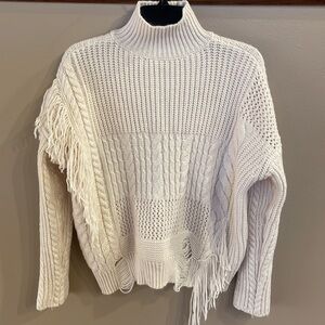 FREE GENERATION LA women’s ivory chunky knit cable sweater mock neck fringe SM